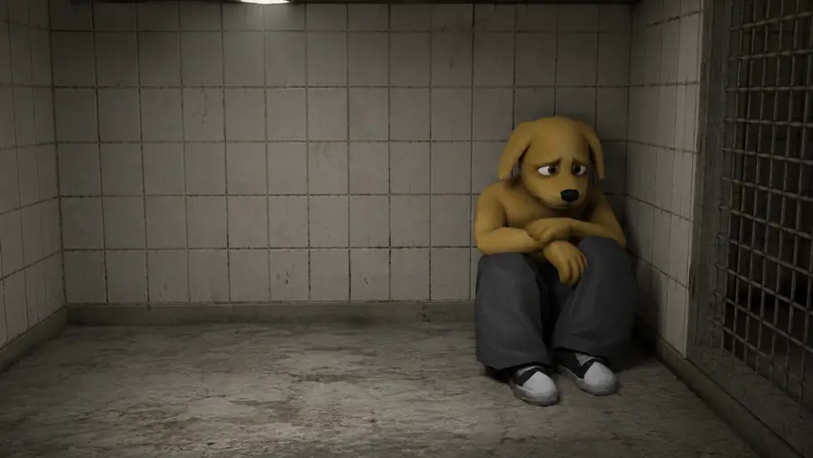Slumpy sitting in the corner of a shelter kennel
