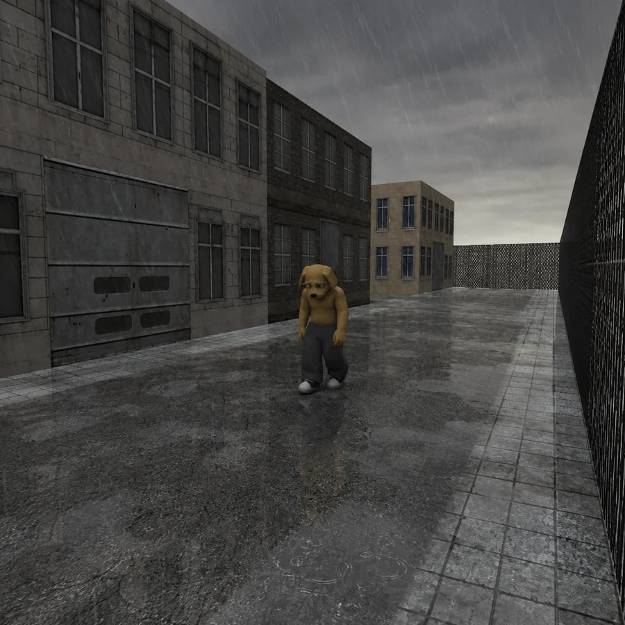 Slumpy walking alone down a wet industrial street in the rain