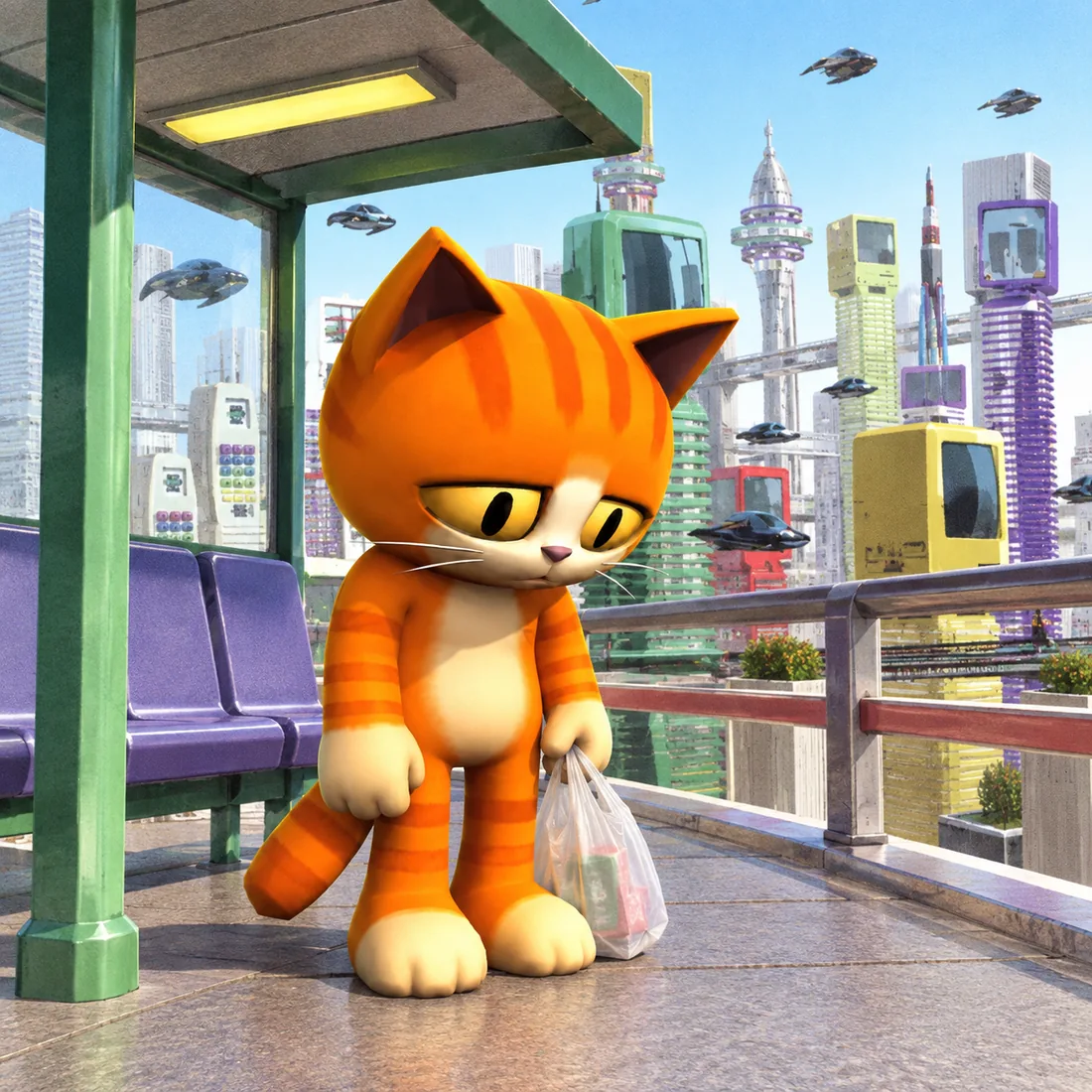 Slumpy waiting at a bus shelter